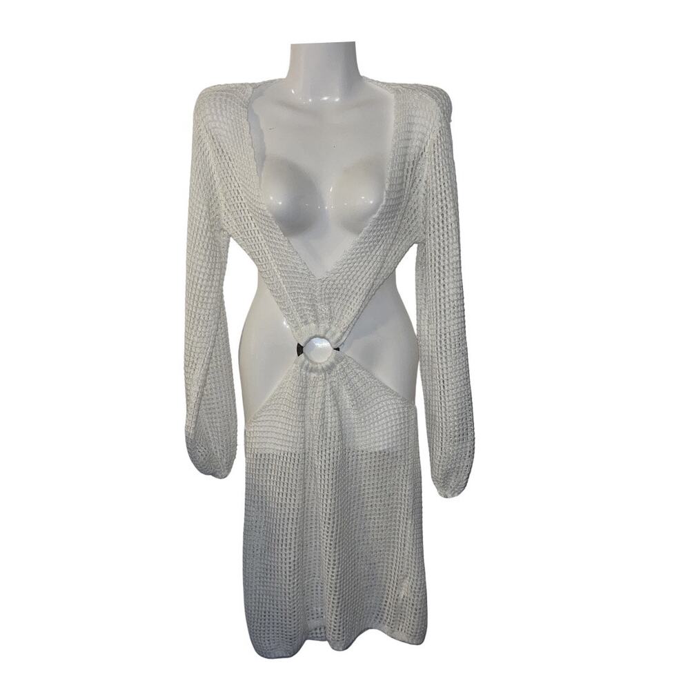 Long Sleeve Crochet Knit Cutout Beach Cover Up Dress Beach Resort Vacation